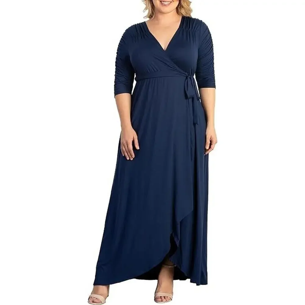 Kiyonna Dress Meadow Dream Style 5X Maxi True Wrap Slimming Navy Blue Ruched